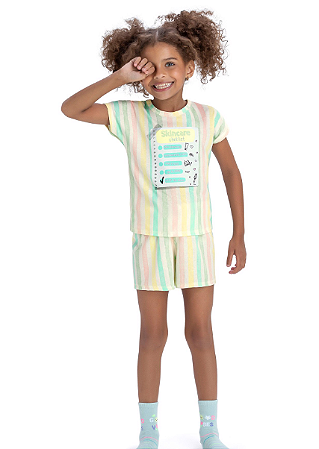 Pijama Feminino Infantil Malha Curto Estampa Listrado Colorido - Ref 13104 - Elian