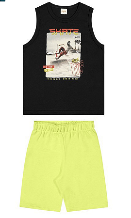 Conjunto Masculino Infantil Regata Azul Estampada e Short MOletinho Neon - Elian - Ref 241373