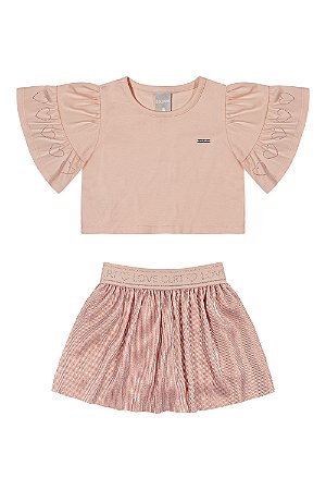 Conjunto Infantil Feminino blusa Meia Malha e Saia Brilho Lurex Colorittá Salmão - Ref 73191