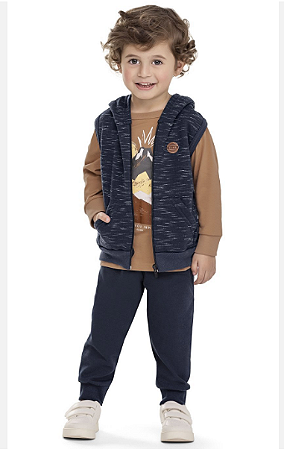 Conjunto Abrigo Masculino Infantil Camiseta Manga LOnga Fina e Colete com Ziper e Capuz MOleton e Calça de Moleton - Elian - Ref 221696