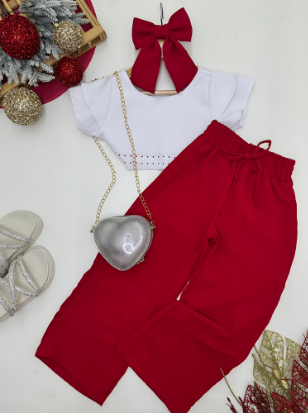 Conjunto Feminino Infantil - de Croped Branco com Brilho e Calça Pantalona Vermelha