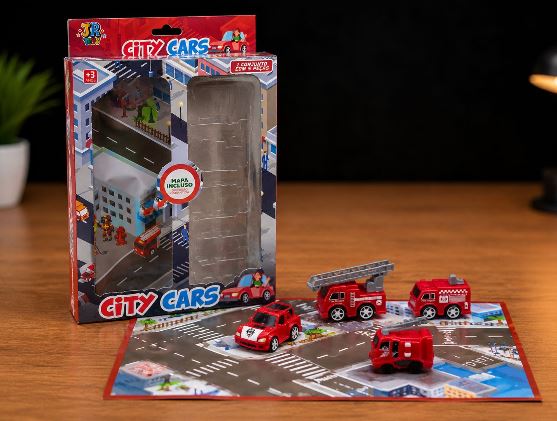 City Cars - Conjunto Carrinhos de Bombeiros com 5 Veículos + Mapa