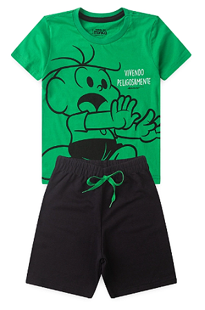 Conjunto Masculino Infantil Cebolinha Camiseta Verde e Bermuda Moletinho Preta - V