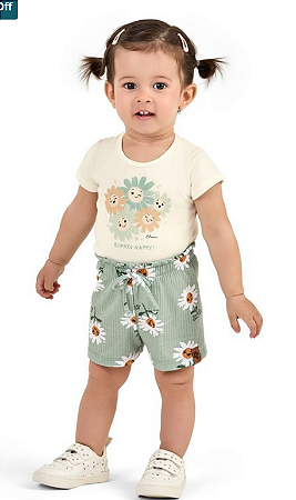 Conjunto Feminino Infantil Manga Curta Off e Verde - Ref 2211582 - Elian