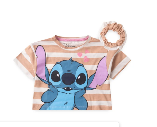 Croped Blusa Box Infantil Feminina + Xuxinha Off Listrado Bege - Stitch