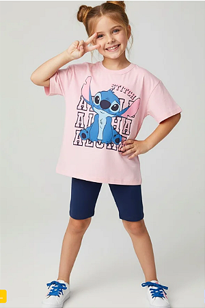 Conjunto Infantil Feminina Camiseta Rosa Stitch e Bermuda Coton Ciclista Azul - Stitch - Disney