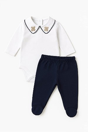 Conjunto Bebe Menino Com Body Gola Bordada e Mijão Com Pezinho - Bilu Teteia
