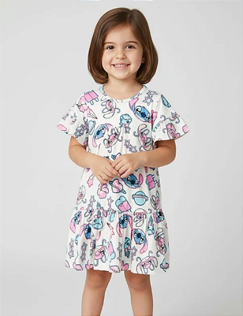 Vestido Infantil Feminino - Malha Off Estampado Stitch - Disney