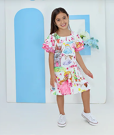 Vestido Infantil Menina Estampado - Branco e Rosa - Laila - Mania de Marias - Marca Própria