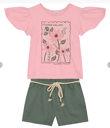 Conjunto Infantil Menina de Flores - Blusa Rosa e Short Moletinho Verde - Brandili - Ref 26616