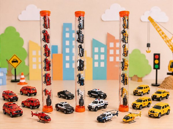 Tubão com 6 Mini Carros e 1 Lançador - Mini Carrinhos Esportivos - Com Lançador Veiculo Lança Carro