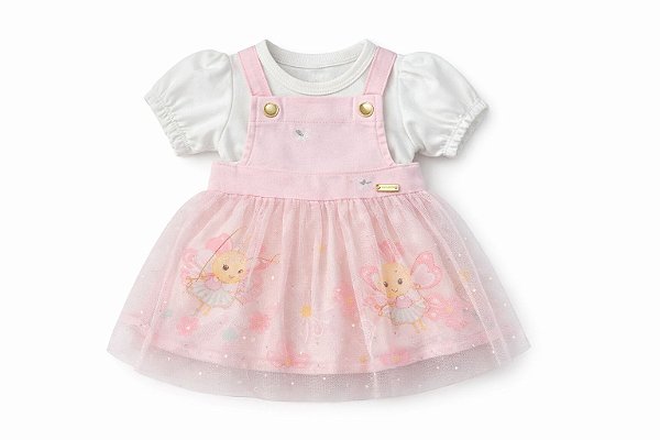 Conjunto Feminino Jardineira Rosa Claro Com Tule e Body Off - Infanti - Ref 75175