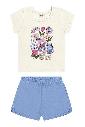 Conjunto Feminino Infantil - Blusa Off e Shorts Moletinho Azul Claro - Elian - Ref 232383