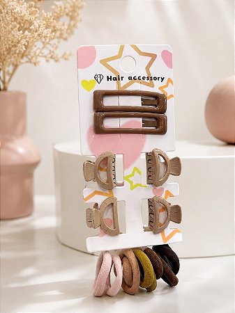 Kit Presilhas, Piranhas e Elásticos para Cabelo – 10 Peças Lacinhos, 4 Mini Piranhas e 2 Tictac