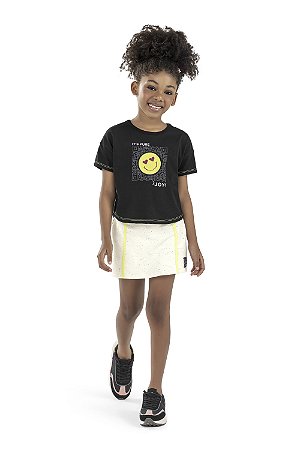 Conjunto Feminino Croped Preto Emoj e Short Saia Off - Elian - Ref 251815
