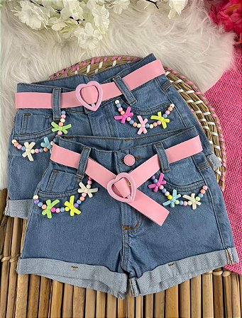 Short Infantil Menina Jeans - Com Cinto Rosa e Pingente de Pedras Coloridas