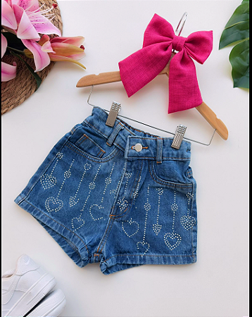 Short Jeans Feminino Estampa em Brilho Coração