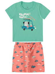 Conjunto Masculino Infantil Camiseta Verde Claro e Bermuda Moletinho Laranja Estampada - Malwee Kids - Ref 112678