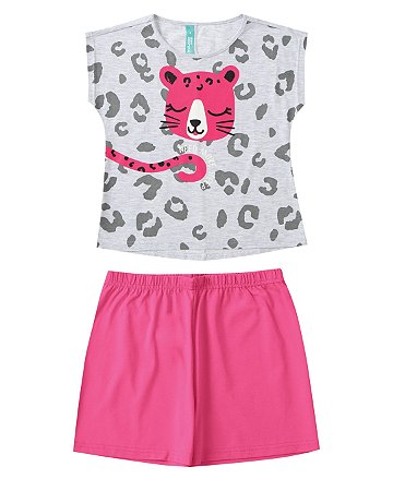 Pijama Feminino Infantil Estampado em Algodão Malwee -Cinza/Rosa REF91675