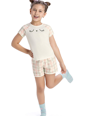 PIJAMA INFANTIL MENINA  EM ALGODÃO Off/Rosa - Ref 13102 - Elian