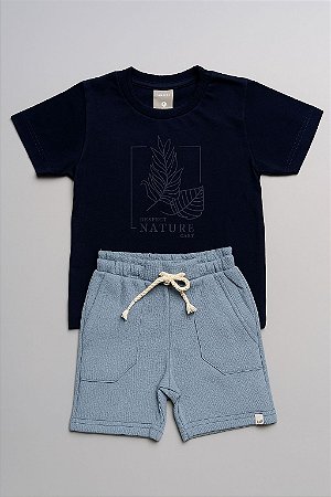 Conjunto Infantil Menino Folhas em Puff - Azul Marinho/Azul -Colorittá - Ref 74178