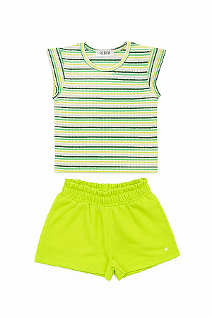 Conjunto de Blusa Boxy Over em Malha Canelada listrada e Short Verde Neon - Kukiê - Ref 93699