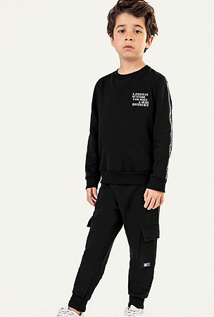 Conjunto Abrigo  Juvenil  Menino Inverno Moleton Fechado e Calça Moleton Cargo JoggerPreto - Colorittá - Ref 74144