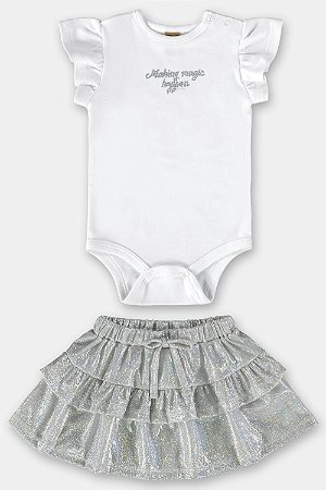 Conjunto Feminino Infantil Body Em Suedine e Saia Em Tule Prata - Ref 45539 - Up Baby
