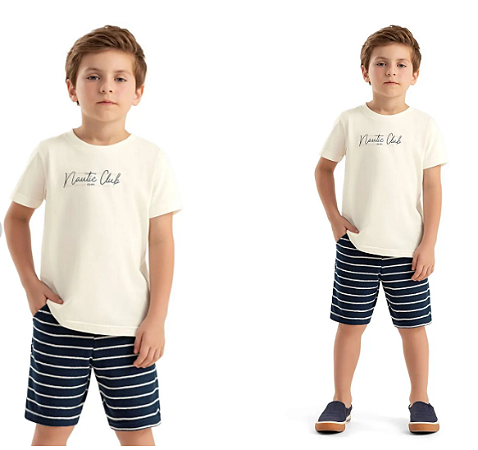 Conjunto Infantil Menino Camiseta Off e Short Azul Com Listras - Colorittá - Ref 74179