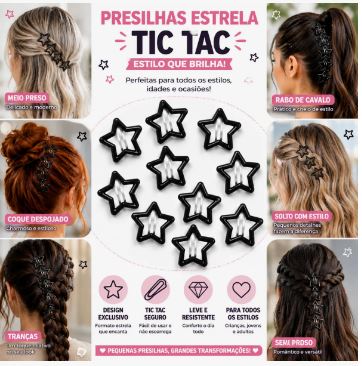 Kit de Tictacs Infantil Estrela Preto - para Cabelo - com 50 Unidades