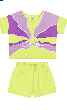 Conjunto Feminino Infantil Blusa Verde e Roxo e Short Malha Verde Neon - Elian - Ref 251896