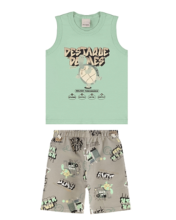 Conjunto Infantil Menino Regata Verde Claro Em Algodão e Bermuda de Moletinho Cinza Estampada - Malwee Kids - Ref 128306