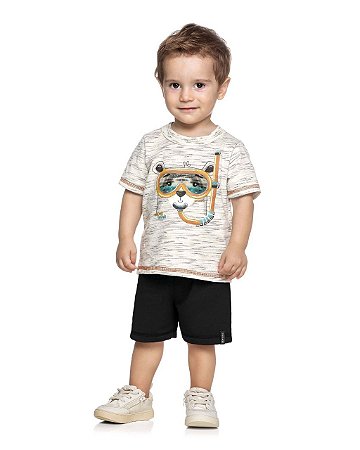 Conjunto Masculino Infantil Manga Curta Elian -Off/Preto REF201067