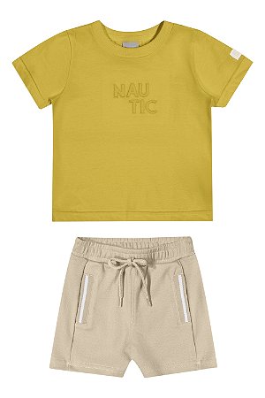 Conjunto Masculino Infantil Camiseta Mostarda  e Bermuda Bege  - Coloritta - Ref 72202