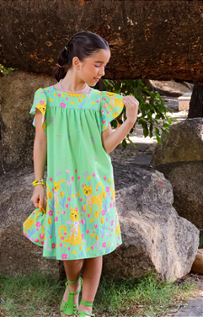 Vestido Infantil Manga Curta - Estampa Onça Pintada Verde - Vestido Lilica
