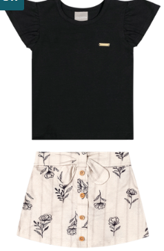 Conjunto com Blusa em Cotton Leve Preto e Shorts Saia em Cotton Leve Digital Off/Preto - Colorittá - Ref 73276