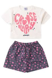 Conjunto Feminino Infantil Blusa Croped Off e Short Saia Estampa Coração