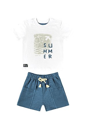 Conjunto Masculino Camiseta Malha e Bermuda Moletinho Branco\Azul - Ref 34224 - Quimby