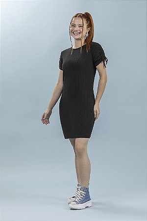 Vestido Canelado Feminino Preto Manga Curta - Ref 271548 - Elian Beats