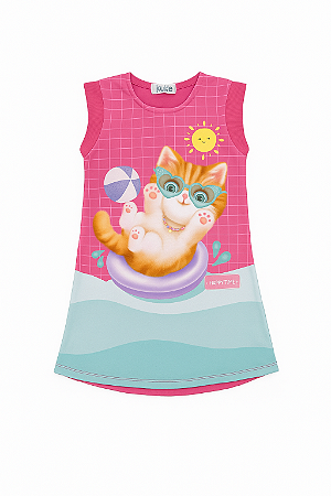 Vestido Infantil Feminino Pink/Verde Água Malha e Canelado - Gato com òculos - Kukie - Ref 93844