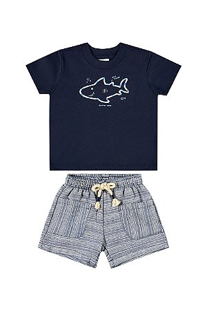 Conjunto Masculino Infantil Camiseta Azul de Tubarão e Short de Sarja Azul - Quimby - Ref 34223