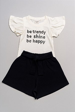 Conjunto Infantil Menina Blusa e Short Com Laço Off/Preto - Elian - Ref251915