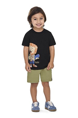 Conjunto Infantil Menino - Camiseta Leão Com Skate e Bermuda Moletinho Verde - Elian - REf 221723