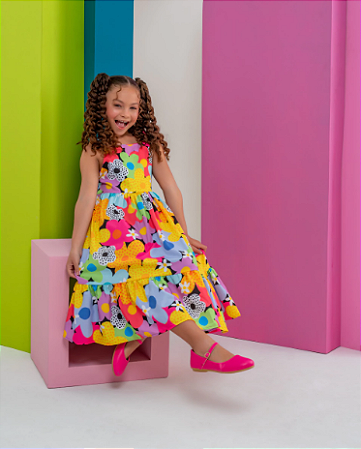 Vestido Infantil Feminino Bela Estampa -Art Flor Colorido