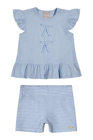 Conjunto Feminino Infantil Bata Azul Clara com Laços e Short - Colorittá - Ref 73318