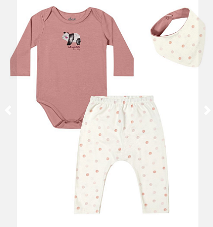 Kit Body, Calça e Babador Bandana - Feminino Manga Longa - Off/Rosé - Elian - Ref 211697