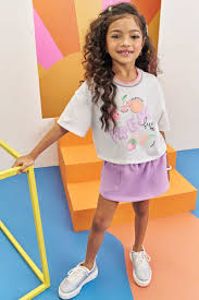Conjunto de Blusa Boxy Over em Meia Malha com Short Saia em Moletom sem Pelúcia - Ref 75680 - Infanti
