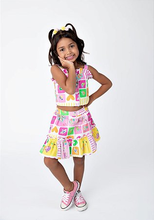 Conjunto Infantil Feminino Croped e Saia com Short - Colorido - Chantela