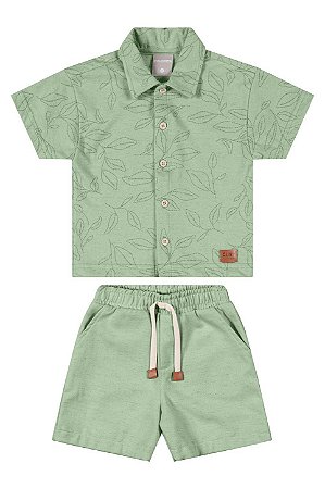 Conjunto Menino Infantil - Camisa Malha Folhagem Verde e Bermuda - Colorittá - Ref 72303