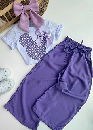 Conjunto Infantil Menina Blusa Croped Minie Com Laço Lilas e Calça Pantalona Lilas - CR - Lilas Minie